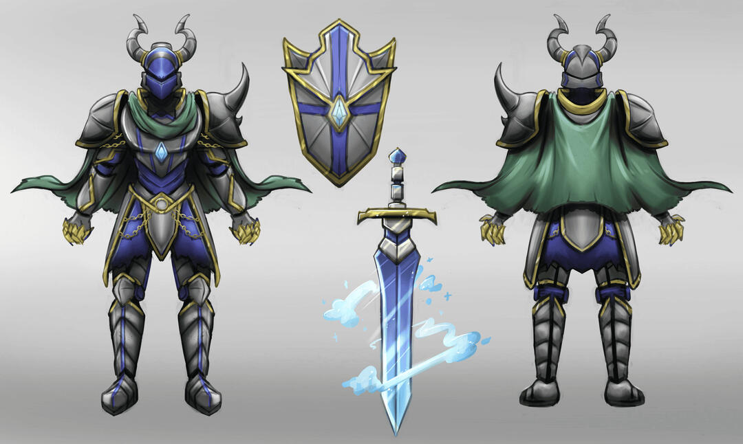 A reference sheet for some of the armor and wargear used by Risen himself. A blade gifted by a friend, a shield which defended him through the worst of Osnova, and armor earned in a trial by combat, given a new lease on life.